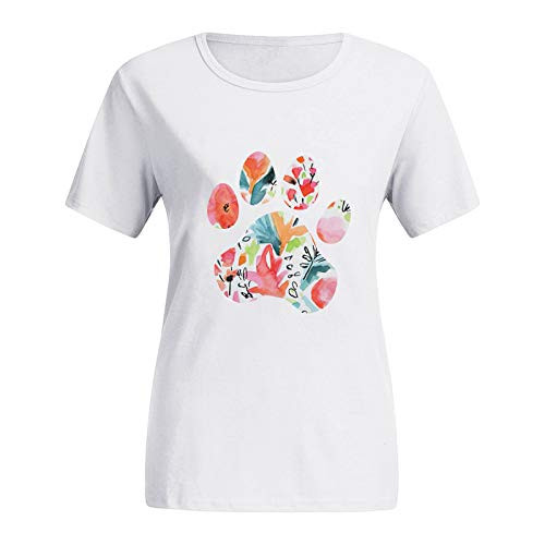 Shan_S Women Cute Dog Paw Graphic Pullover Short Sleeve O Neck Casual Crewneck Summer Tops T Shirt Blouse Dog Lover Gift