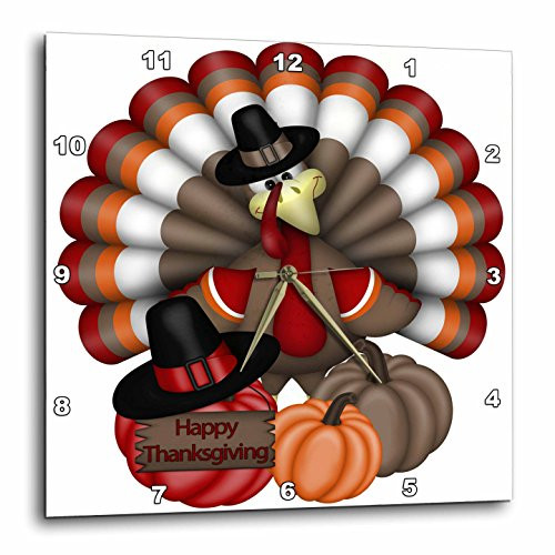 3dRose Cute Red, Orange, and Brown Turkey with Happy Thanksgiving - Wall Clock, 10 by 10-Inch (DPP_216920_1)