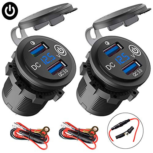 2_Pack Quick Charge 3.0 USB Car Charger Socket with Switch  and  LED Voltmeter_ Waterproof 36W Power Outlet Dual USB Fast Charger for 12V 24V Car Boat Marine RV ATV Truck _Blue_