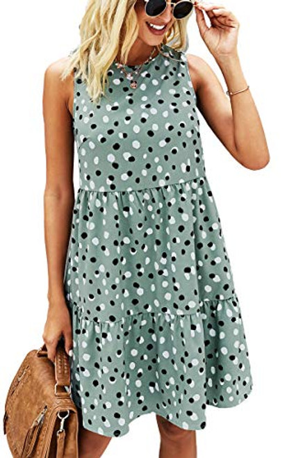 ECOWISH Women Dresses Polka Dot Sleeveless Summer Casual Sundress A Line Loose Swing T Shirt Mini Dress with Pockets 123 Green Medium