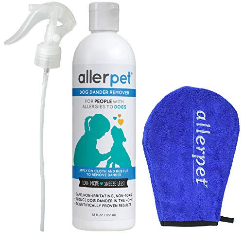 Allerpet Dog Allergy Relief w Free Applicator Mitt  and  Sprayer _ Best Pet Dander Remover for Allergens _ for Canine Dry Skin Treatment _ Good for Fur  and  Skin _ _12oz_