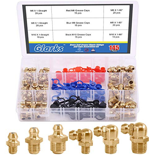 Glarls 145Pcs Metric Straight and 90 Degree Hydraulic Grease Brass Zerk Grease Nipple Fitting with 45Pcs M6 M8 M10 Caps Assortment Kit