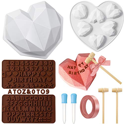 Silicone Chocolate Mold_ Diamond Heart Mold Silicone Cake Mold Letter and Number Mold Fondant Silicone Molds with 3 Mini Wooden Hammers Droppers Ribbon for Making Chocolate Cake _White_ Brown_ Silicone Chocolate Mold_ Diamond Heart Mold Silicone Cake Mold Letter and Number Mold Fondant Silicone Molds with 3 Mini Wooden Hammers Droppers Ribbon for Making Chocolate Cake _White_ Brown_