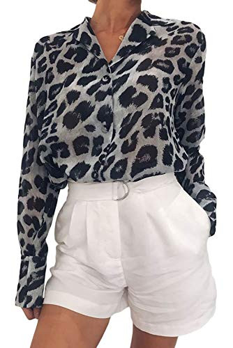Women Leopard Print Tops _Casual V Neck Long Sleeve Button Down Shirt Knit Tunic Blouses Grey L