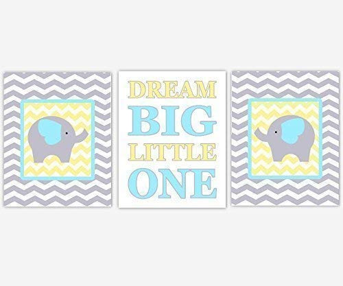 Baby Boy Nursery Wall Art Yellow Teal Elephant Dream Big Little One Chevron Safari Jungle Animals Decor 3 UNFRAMED PRINTS