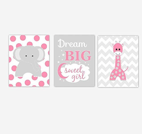 Baby Girl Nursery Art Pink Gray Elephant Giraffe Dream Big Safari Jungle Zoo Animals 3 UNFRAMED PRINTS