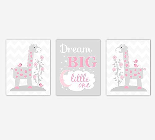 Baby Girl Nursery Art Pink Gray Giraffe Dream Big Safari Jungle Zoo Animals Decor 3 UNFRAMED PRINTS