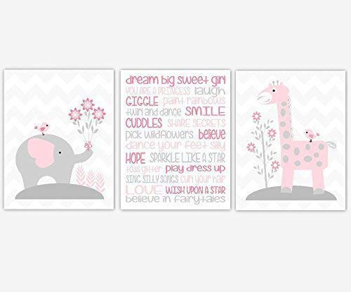 Baby Girl Nursery Wall Art Pink Gray Grey Elephant Giraffe Safari Zoo Animals Dream Big Decor 3 UNFRAMED PRINTS