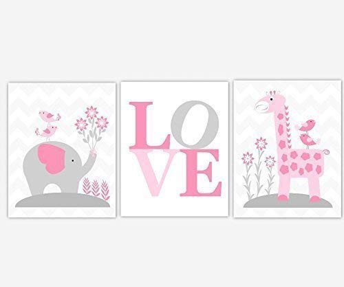 Baby Girl Nursery Wall Art Pink Gray Grey Elephant Giraffe Zoo Jungle Safari Animals Decor 3 UNFRAMED PRINTS