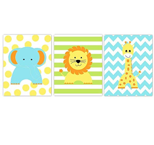 Baby Nursery Art Elephant Giraffe Lion Safari Jungle Zoo Animals Decor 3 UNFRAMED PRINTS