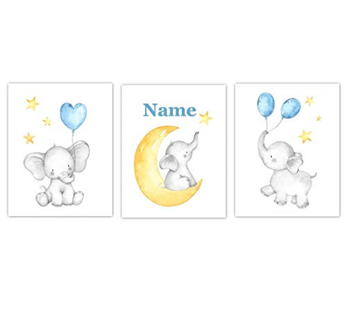 Personalized Elephant Watercolor Baby Boy Nursery Wall Art Pictures Blue Elephant Balloon Decor Baby Nursery Decor 3 UNFRAMED PRINTS