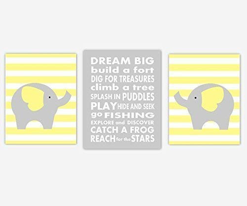 Yellow Gray Baby Boy Nursery Wall Art Elephant Safari Jungle Zoo Animals Dream Big Toddler Bedroom Decor 3 UNFRAMED PRINTS