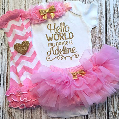 Take Home Outfit Baby Girl Outfit Personalized Name Pink and Gold Optional Tutu Bloomers Headband and Leg Warmers