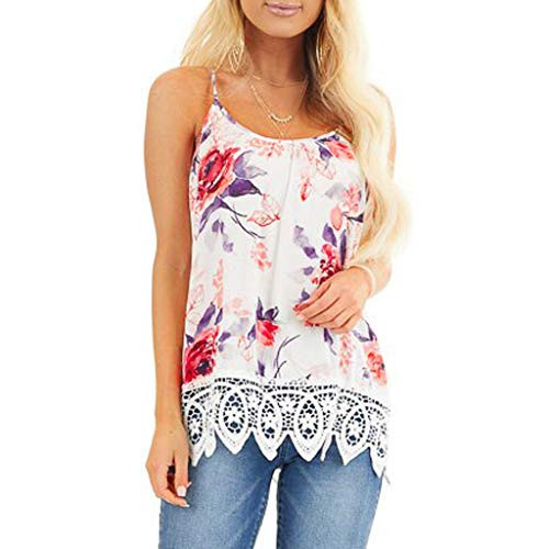 Rishine Summer Womens Floral Printed O Neck Lace Trim Patchwork Sleeveless Blouses Loose Fit Tank Tops Red
