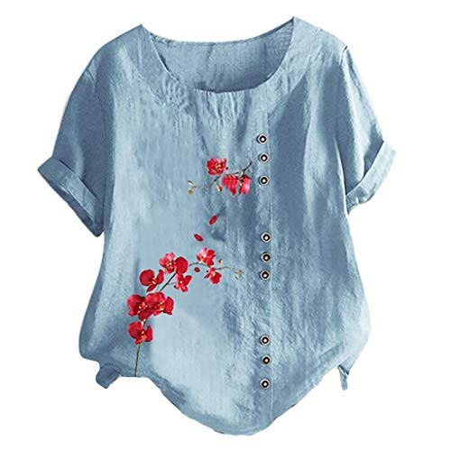 Meikosks Floral Print Blouse Womens Plus Size Cotton and Linen Top Short Sleeve O_Neck T Shirt Sky Blue