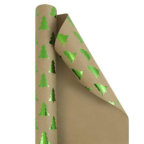 JAM PAPER Gift Wrap _ Christmas Kraft Wrapping Paper _ 25 Sq Ft _ Green Trees on Brown Kraft Paper _ Roll Sold Individually