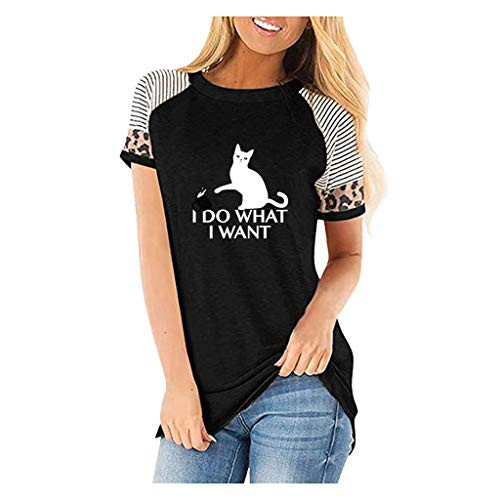 Meikosks Short Sleeves O_Neck Blouse Women's Leopard Printed Patchwork Tops Cute Graphic T Shirt Black