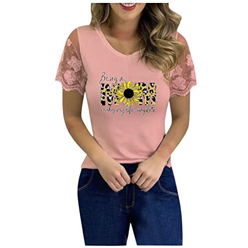 Xinantime Womens Elegant Lace Short Sleeve O_Neck Alphabetic Printing Tops Tee Loose Sunflower T_Shirt Blouse Tops _Pink_Medium_