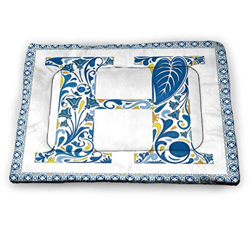 prunushome Letter H Pet Crate Mattress Azulejo Frame Flowers and Leaves Abstract Color Scheme Portuguese Inspired Blue Yellow Orange _18 inch x12 inch _