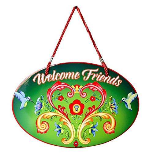 Essence of Europe Gifts E.H.G Welcome Friends with Attractive Green Rosemaling Motif Welcome 11x8 Ceramic Door Sign by E.H.G.