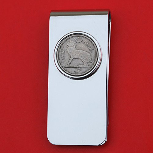 1928 ~ 1968 Irish Ireland 3 Pence Coin Solid Brass Money Clip New _ Lucky Rabbit Hare _ Silver Coin Bezel