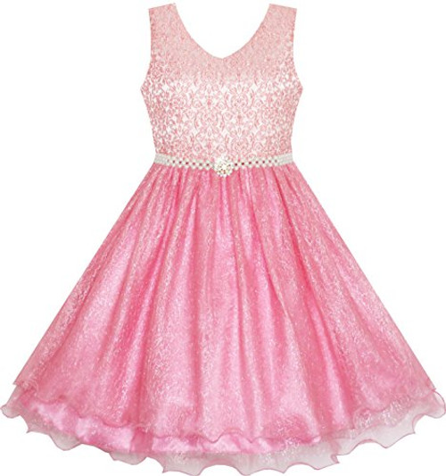 Sunny Fashion JE65 Flower Girl Dress Sparkling Pearl Belt Shrimp Pink Wedding Bridesmaid Size 7