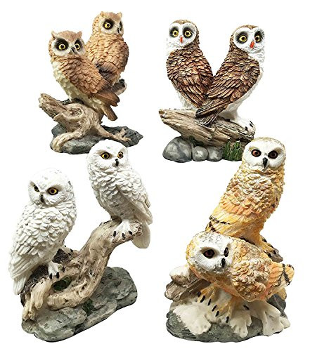 Colorful Owl Species Barn Great Horned Snowy & Screech Owls Perching On Branch Figurine Set Of 4