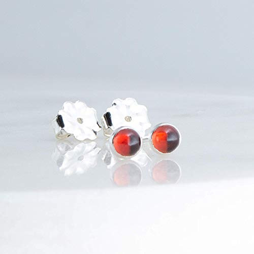 Sterling Silver with Red Garnet Cabochon 3mm Stone Stud Earrings