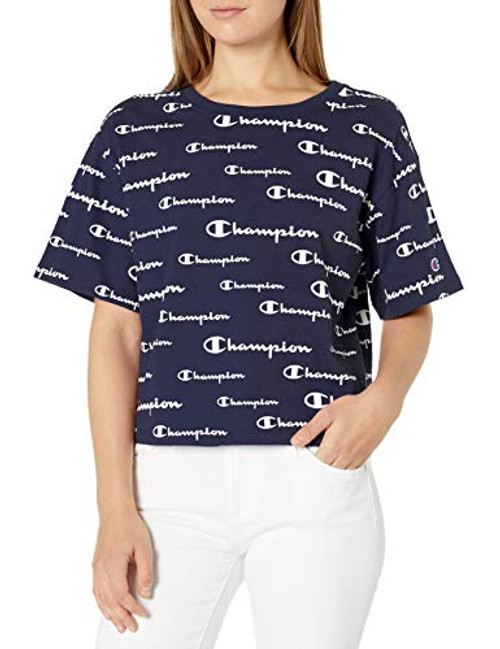 Champion Women's The Cropped TEE_ Solid Scripts Athletic Navy_ Large