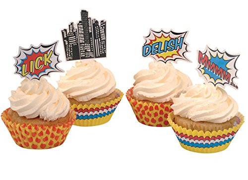 Ginger Ray PA-104 Pop Art Superhero Party Decorations Cupcake Toppers & Cases, Multicolor