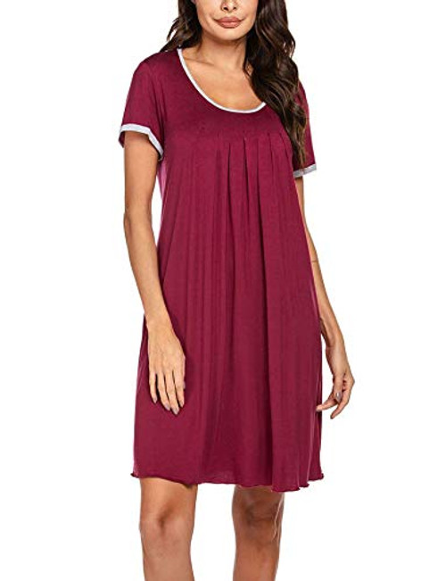 Ekouaer Soft Modal Short Sleeve Scoop Neck Nightgowns Loose Sleep Shirts for Women Wine Red L