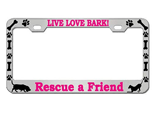 BISIRI Live Love Bark! Rescue a Friend Dog Animal Lover Metal Heavy Black Chrome License Pleat Frame Car Tag Hold _Chrome Dark Pink J_