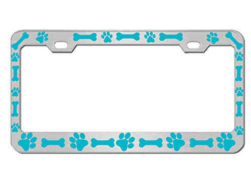 BISIRI Dog Paws with Bones Dog Lovers Heavy Metal License Pleat Frame Car Tag Hold _Chrome Turquoise G_