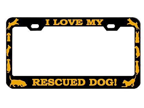 BISIRI I Love My Rescued Dog! Animal Lover Metal Heavy Black Chrome License Pleat Frame Car Tag Hold _Black Yellow P_