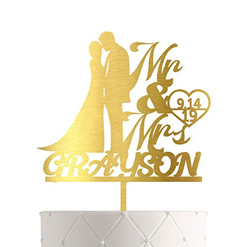 Personalized Wedding Cake Topper With Customized Bride and Groom Last Name or Marriage Date for Mr Mrs _Rustic Gold_