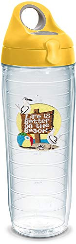Tervis 1231387 Life is Better on the Beach Tumbler with Emblem and Yellow Lid 24oz Water Bottle, Clear