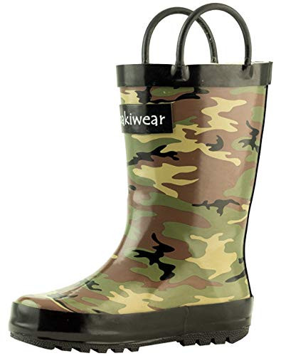 OAKI Kids Rubber Rain Boots with Easy_On Handles_ Army Camo_ 3Y