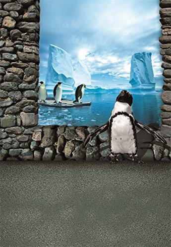Laeacco Vinyl Thin Backdrop 5x7FT Photography Background Antarctic The South Pole Penguin Iceberg Brick Window 3D Children Portraits Background 1.5_W_ x2.2_H_ m Backdrop for Video Photo Studio Props