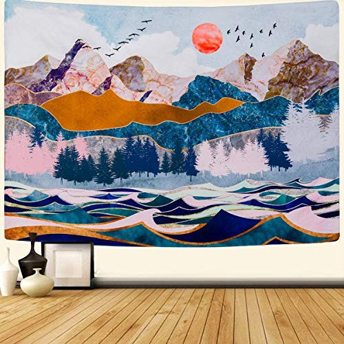 Mountain Tapestry_ Forest Tree Wall Tapestry Ocean Wave Art Sunset Nature Landscape Wall Hanging for Bedroom Living Room Dorm Home Decor ?91 inch  L x 71 inch  W?