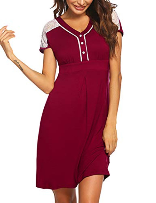 ADOME Women's Nightgown Lace Cotton Sleepwear Short Sleeves Nightshirts Soft Button Sleep Dress Wine Red L