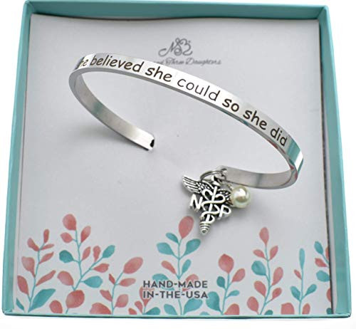 Nurse Practitioner Women's Bracelet Stainless Steel _ Handcrafted Charm Chain with Np Caduceus _ She Believed She Could And She Did _ Scratch Resistant Jewelry _ Perfect Gift For Women