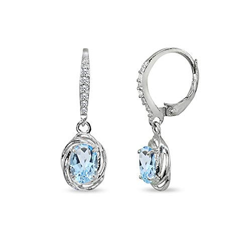 Sterling Silver Blue Topaz  and  Cubic Zirconia 7x5mm Oval Love Knot Leverback Earrings