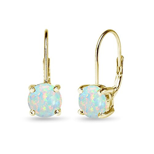 Yellow Gold Flashed Sterling Silver Polished Synthetic White Opal 7mm Round Dainty Leverback Earrings