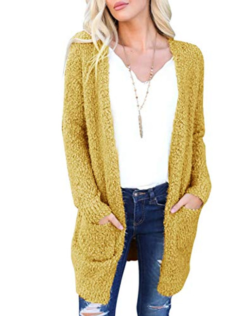 MEROKEETY Women's Long Sleeve Soft Chunky Knit Sweater Open Front Cardigan Outwear with Pockets_ PlushMustard_ M