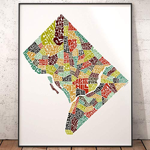Washington DC Neighborhood Map Art Print_ signed print of my original hand drawn Washington DC typography map art
