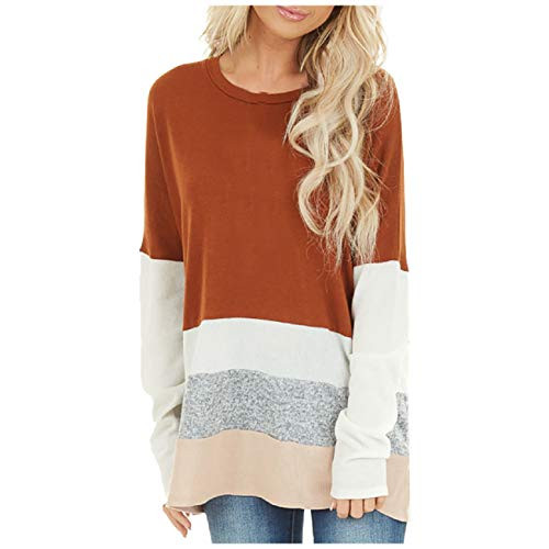 Boomboom Fashion Women Long Sleeve O_Neck Blouse Contrast Color Striped Patchwork Casual Tunic Tops Yellow