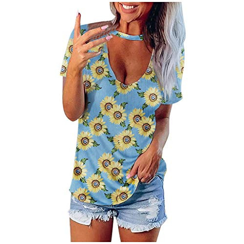 Meikosks Women's Hollow Out O_Neck Blouse Sunflower Short Sleeve Tops Summer Casual T Shirt Blue Meikosks Women's Hollow Out O_Neck Blouse Sunflower Short Sleeve Tops Summer Casual T Shirt Blue