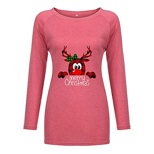 Womens Casual Shirts O_Neck Loose Long Sleeved Tops Cute Pattern Printed T_Shirt Tunic Top Fashion Classic Blouse Pullover Pink
