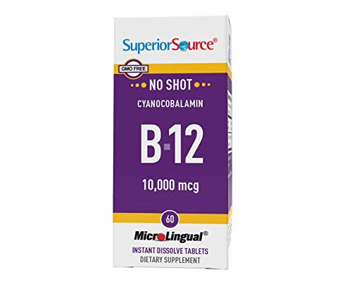 Superior Source No Shot Vitamin B12 Cyanocobalamin 10000 mcg_ Quick Dissolve Sublingual Tablets_ 60 Count_ B12 Supplement to Increase Metabolism and Energy Production_ Nervous System Support_ Non_GMO