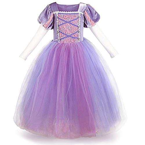 Girls Princess Rapunzel Dress Costume Halloween Party Fairy Tale Cosplay Fancy Dress Up Long Gown for Kids 6_7 Years